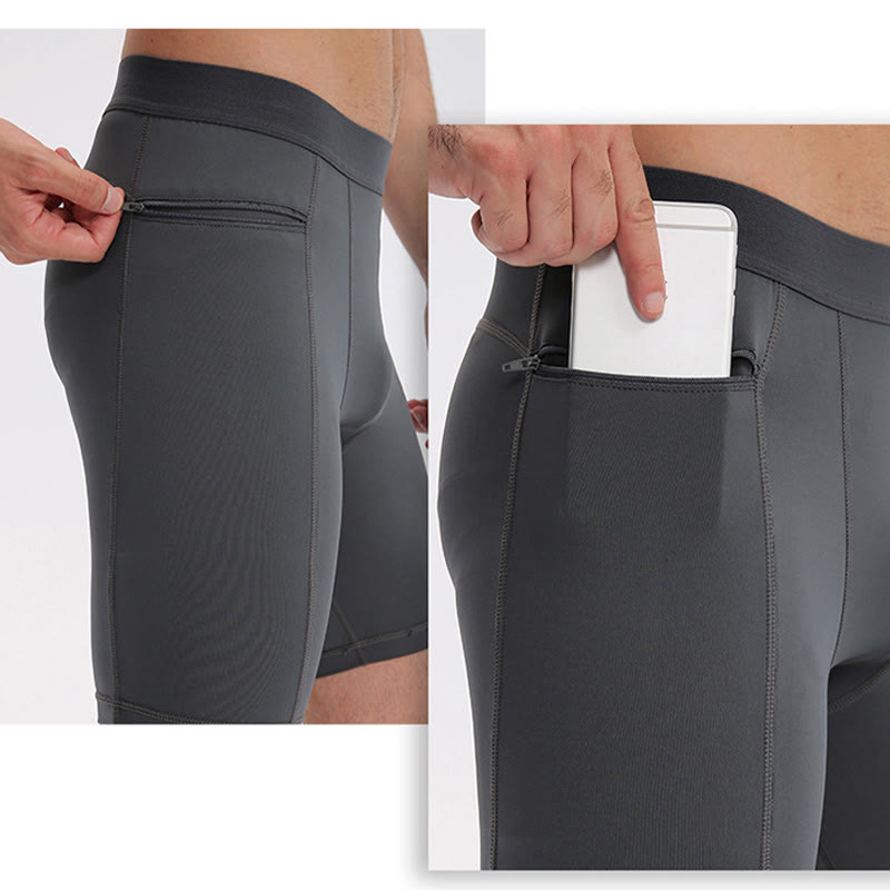 Foviel Men's Tight Stretch High Elasticity Quick Dry Sports Shorts With Zipper Pockets