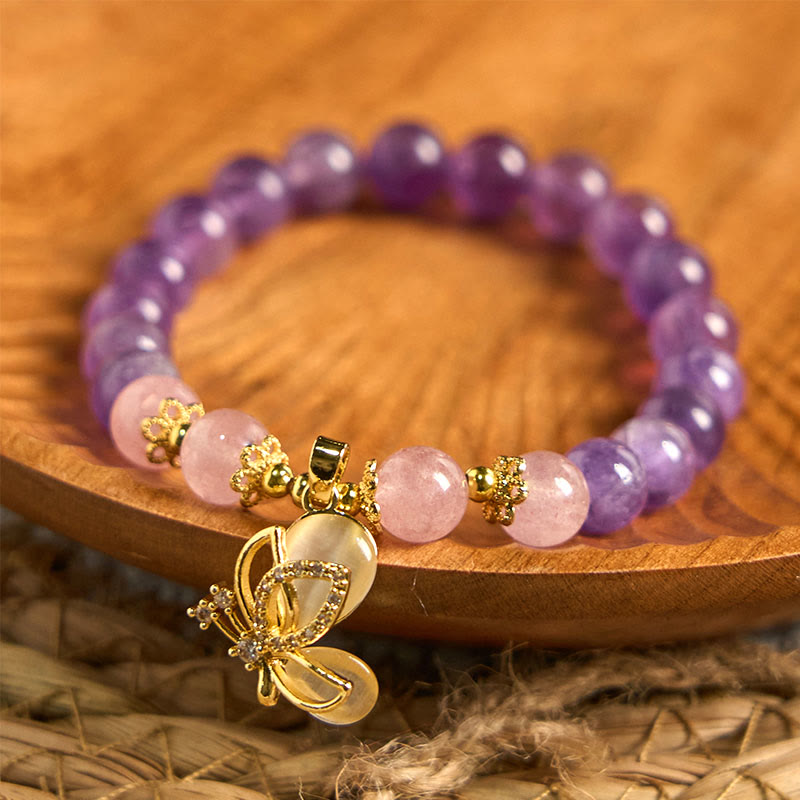 Foviel Natürliche Amethyst Erdbeerquarz Kristall Heilende Schmetterling Charm Armband