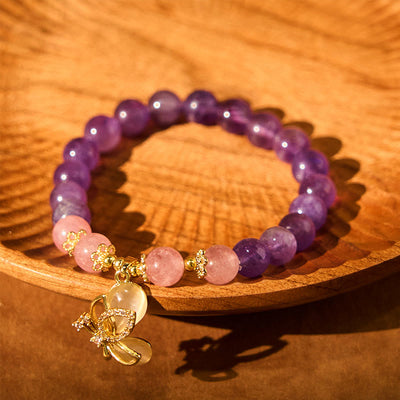 Foviel Natürliche Amethyst Erdbeerquarz Kristall Heilende Schmetterling Charm Armband