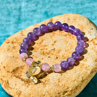 Foviel Natural Amethyst Strawberry Quartz Crystal Healing Butterfly Charm Bracelet