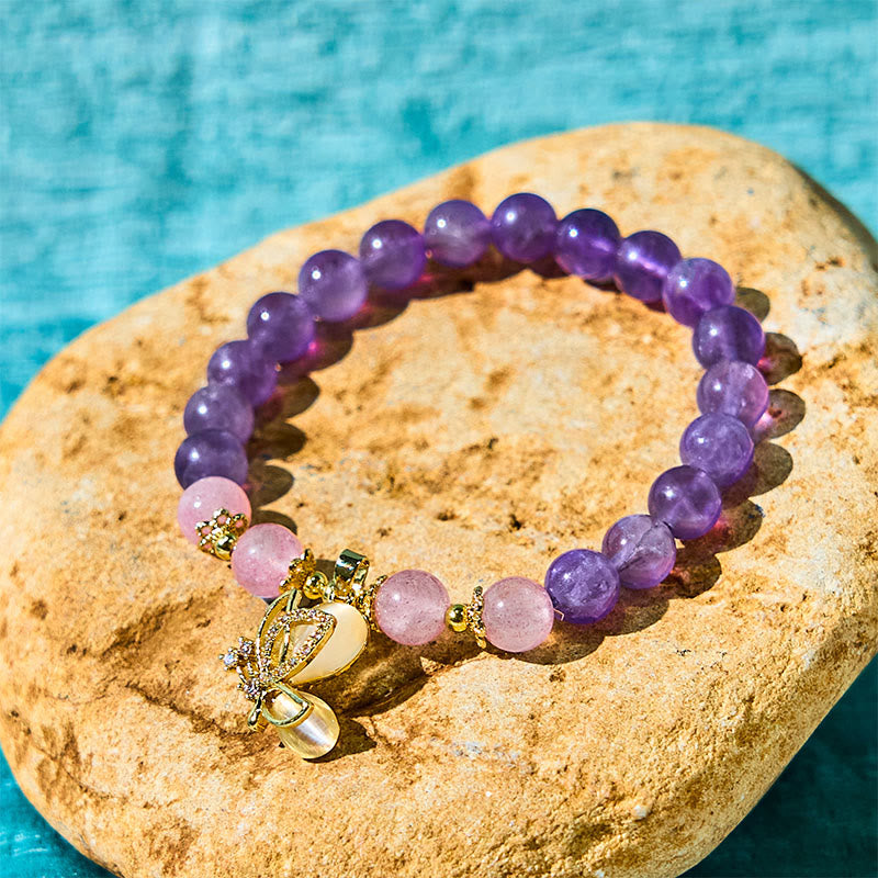 Foviel Natural Amethyst Strawberry Quartz Crystal Healing Butterfly Charm Bracelet