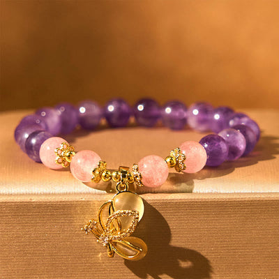 Foviel Natürliche Amethyst Erdbeerquarz Kristall Heilende Schmetterling Charm Armband
