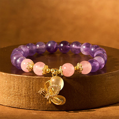 Foviel Natural Amethyst Strawberry Quartz Crystal Healing Butterfly Charm Bracelet