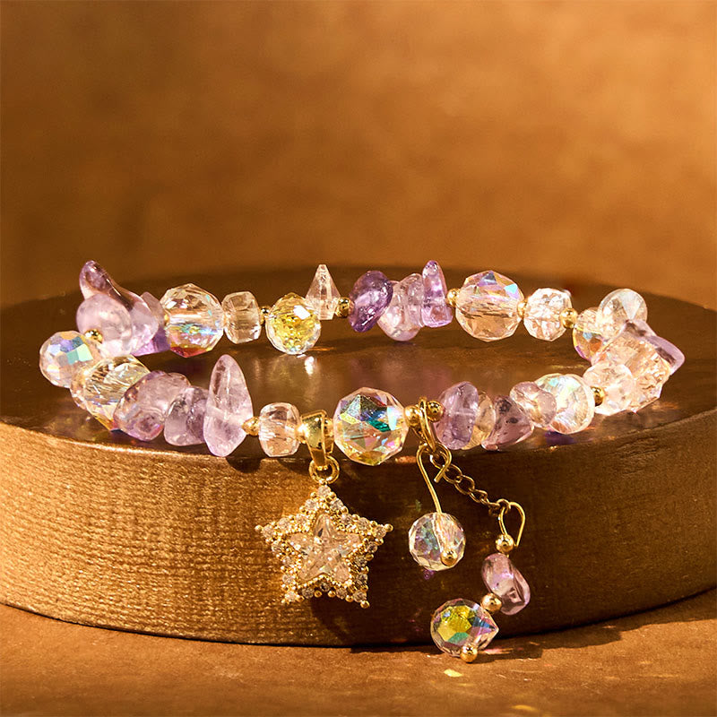 Foviel Natural Amethyst Crystal Star Charm Positive Transformation Bracelet