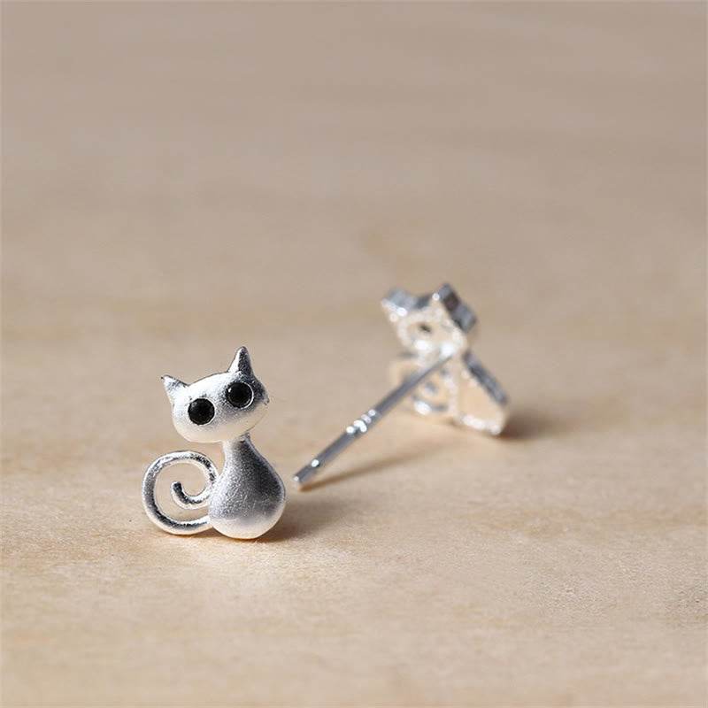 Boucles d'oreilles puces Foviel en argent sterling 925 motif petit chat porte-bonheur