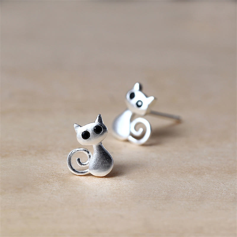 Boucles d'oreilles puces Foviel en argent sterling 925 motif petit chat porte-bonheur