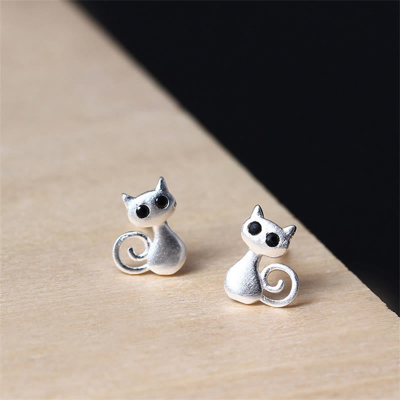 Boucles d'oreilles puces Foviel en argent sterling 925 motif petit chat porte-bonheur