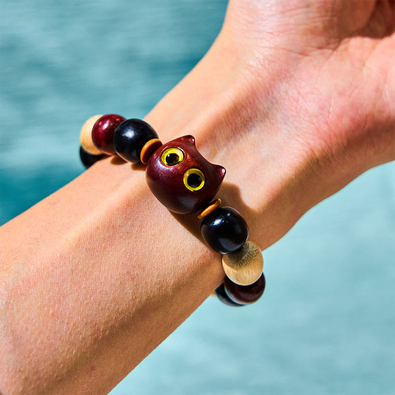 Bracelet de protection Foviel à gravure de chat mignon en bois de santal rouge à petites feuilles et bois d'ébène