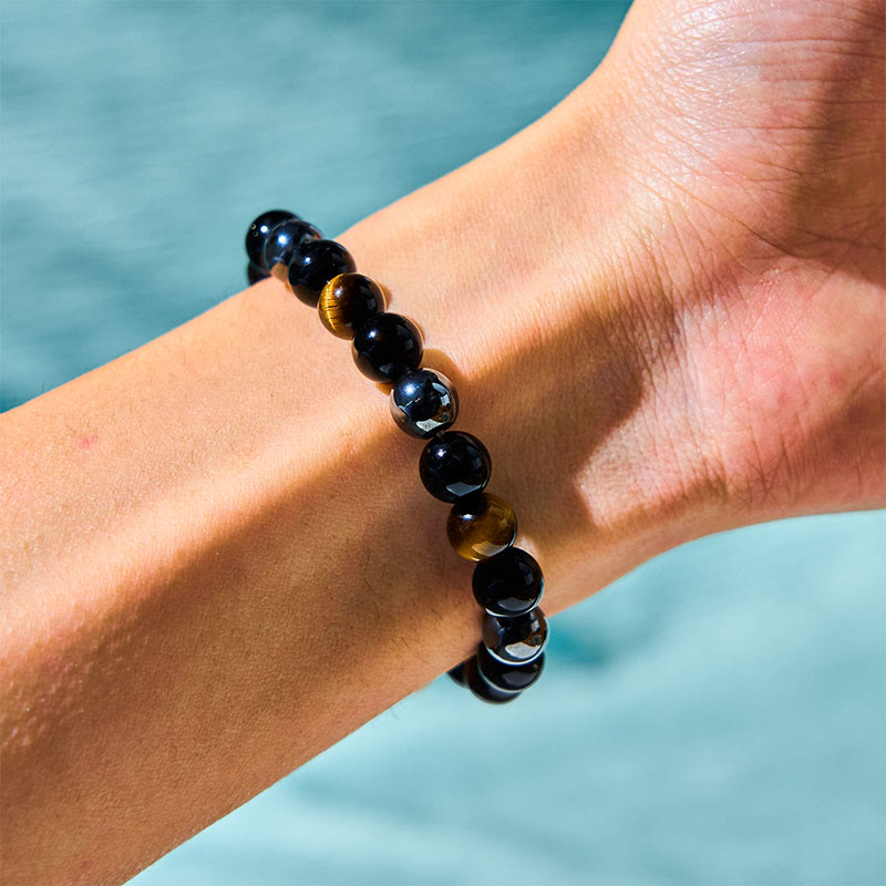 Foviel Natürliches Tigerauge Obsidian Hematite Positives Kraftvolles Armband