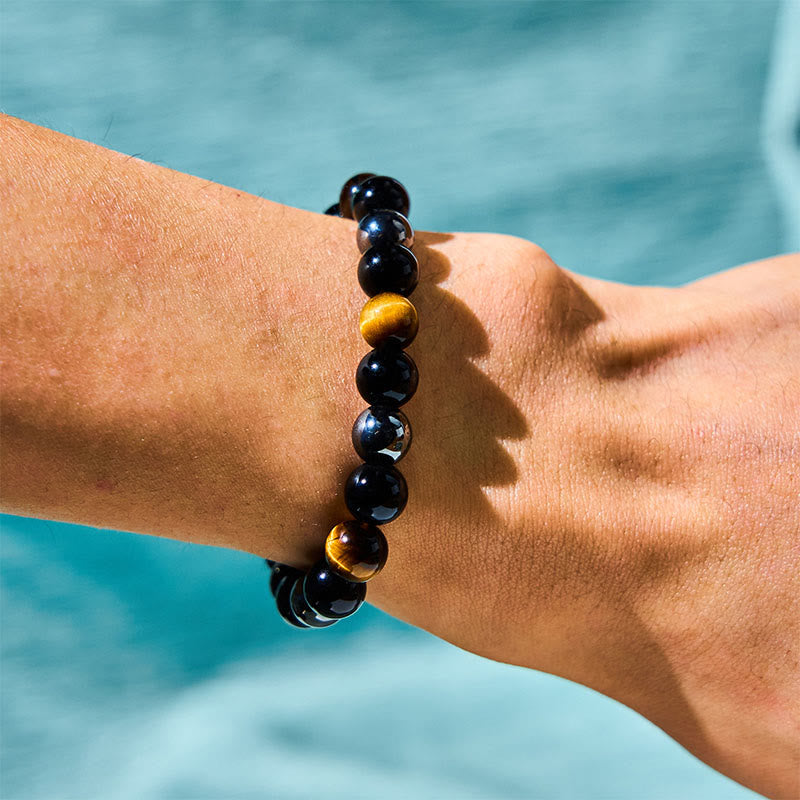 Foviel Natürliches Tigerauge Obsidian Hematite Positives Kraftvolles Armband