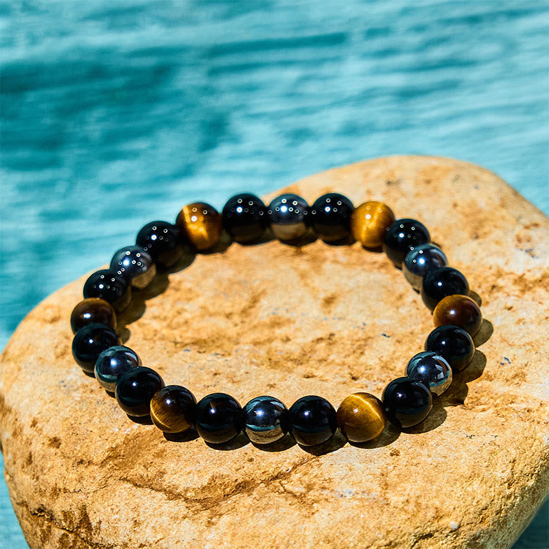 Foviel Natürliches Tigerauge Obsidian Hematite Positives Kraftvolles Armband