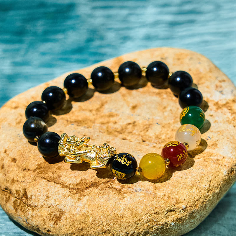 Foviel Natürliches Gold Sheen Obsidian PiXiu Fünf Richtungen Götter des Reichtums Schutz Armband