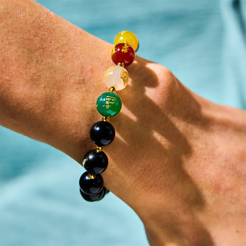 Foviel Natürliches Gold Sheen Obsidian PiXiu Fünf Richtungen Götter des Reichtums Schutz Armband