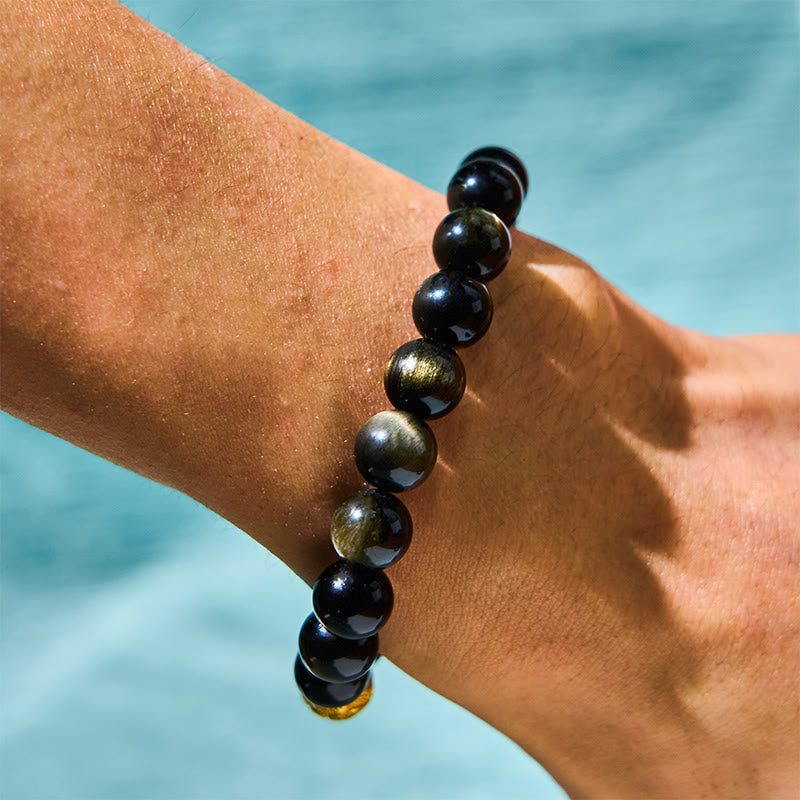 Foviel Natural Gold Sheen Obsidian PiXiu Om Mani Padme Hum Wealth Bracelet