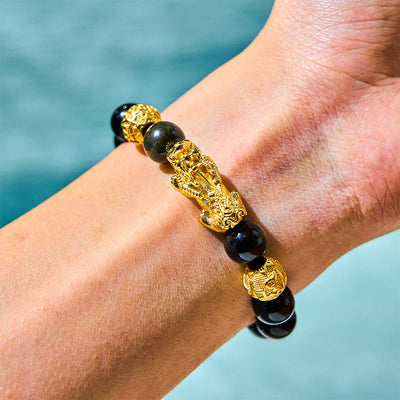 Foviel Natural Gold Sheen Obsidian PiXiu Om Mani Padme Hum Wealth Bracelet