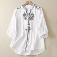 Chemise décontractée pour femme Foviel à fleurs brodées style bohème et col en V avec manches mi-longues
