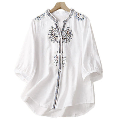 Chemise décontractée pour femme Foviel à fleurs brodées style bohème et col en V avec manches mi-longues