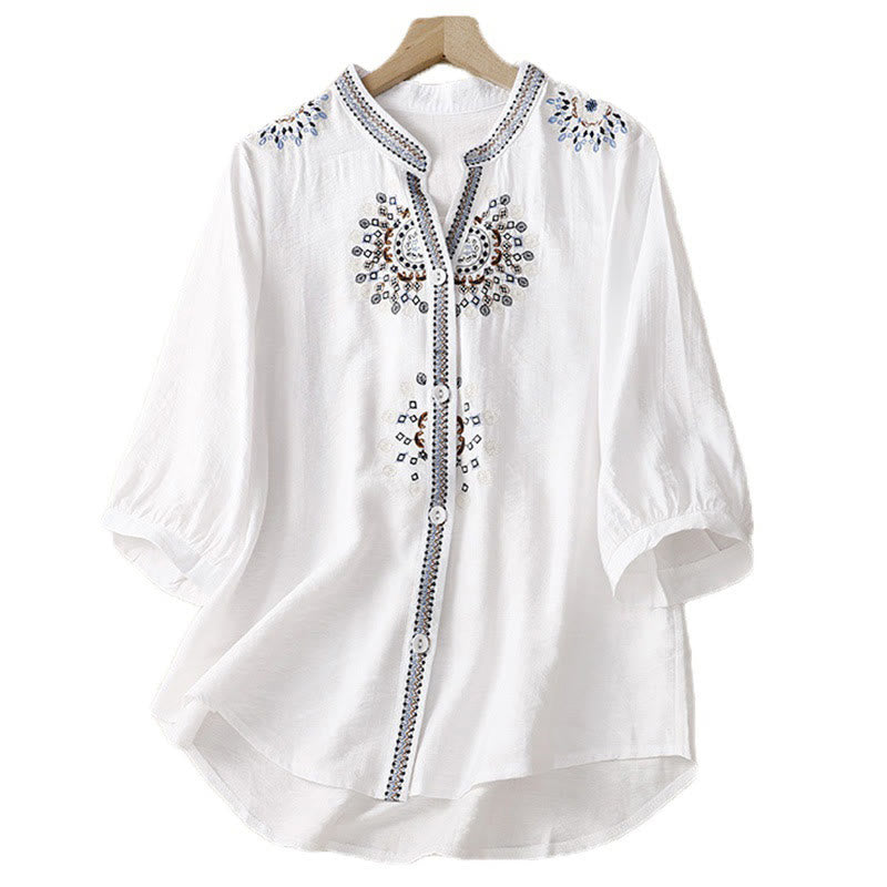 Chemise décontractée pour femme Foviel à fleurs brodées style bohème et col en V avec manches mi-longues