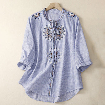 Chemise décontractée pour femme Foviel à fleurs brodées style bohème et col en V avec manches mi-longues