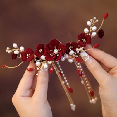 Pince à cheveux de mariage oriental chinois Foviel avec rose rouge