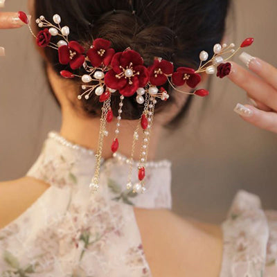 Pince à cheveux de mariage oriental chinois Foviel avec rose rouge