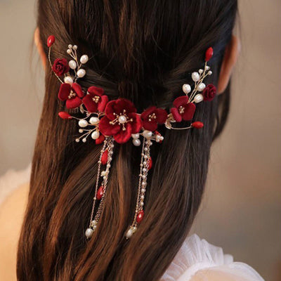 Pince à cheveux de mariage oriental chinois Foviel avec rose rouge