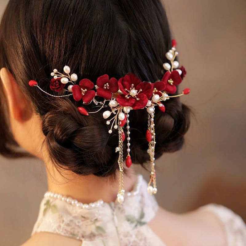 Pince à cheveux de mariage oriental chinois Foviel avec rose rouge