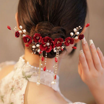 Pince à cheveux de mariage oriental chinois Foviel avec rose rouge