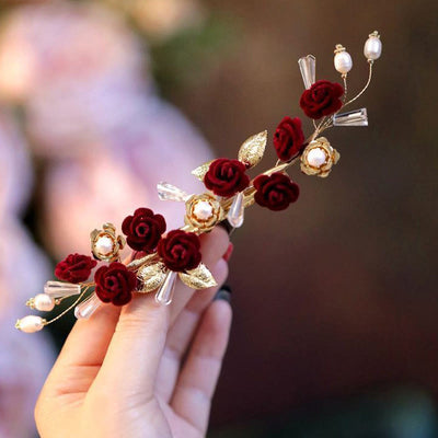 Pince à cheveux de mariage oriental chinois Foviel avec rose rouge