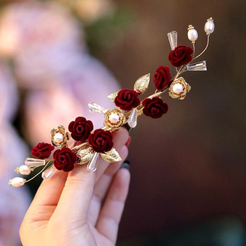 Pince à cheveux de mariage oriental chinois Foviel avec rose rouge