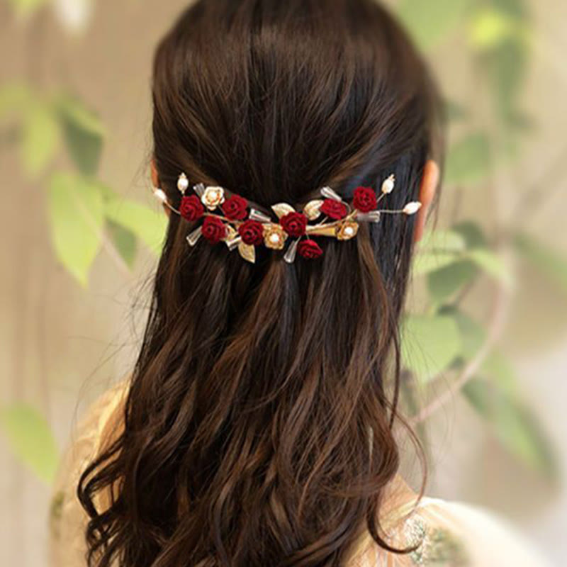 Pince à cheveux de mariage oriental chinois Foviel avec rose rouge