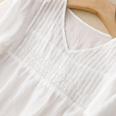 Buddha Stones Casual Plain Loose Women's V-Neck Design Half Sleeve Cotton Shirt - image 13