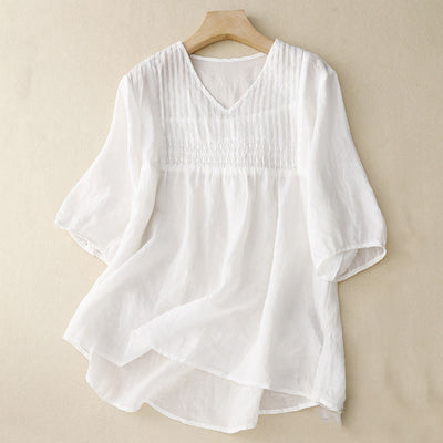 Buddha Stones Casual Plain Loose Women's V-Neck Design Half Sleeve Cotton Shirt - White - US12，UK/AU16，EU44 (2XL) - image 11