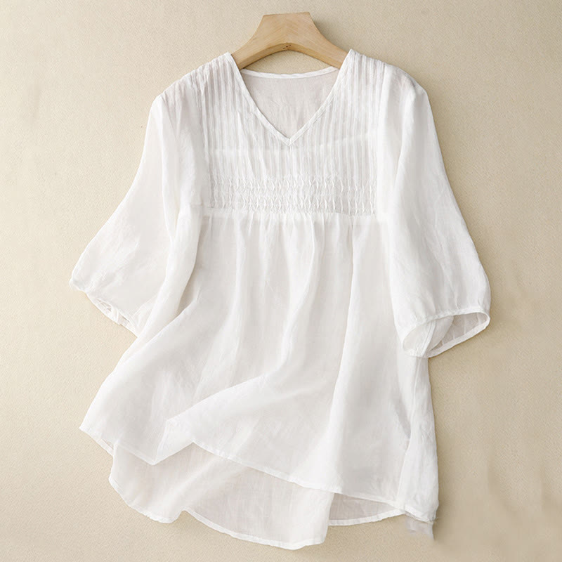 Buddha Stones Casual Plain Loose Women's V-Neck Design Half Sleeve Cotton Shirt - White - US12，UK/AU16，EU44 (2XL) - image 11
