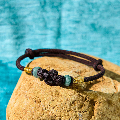 Bracelet couple tressé Foviel à nœud chinois en jade et fil rouge porte-bonheur