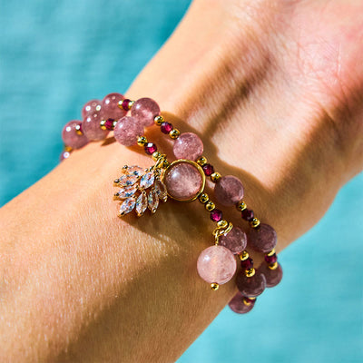 Foviel Natural Strawberry Quartz Love Healing Maple Leaf Charm Double Wrap Bracelet