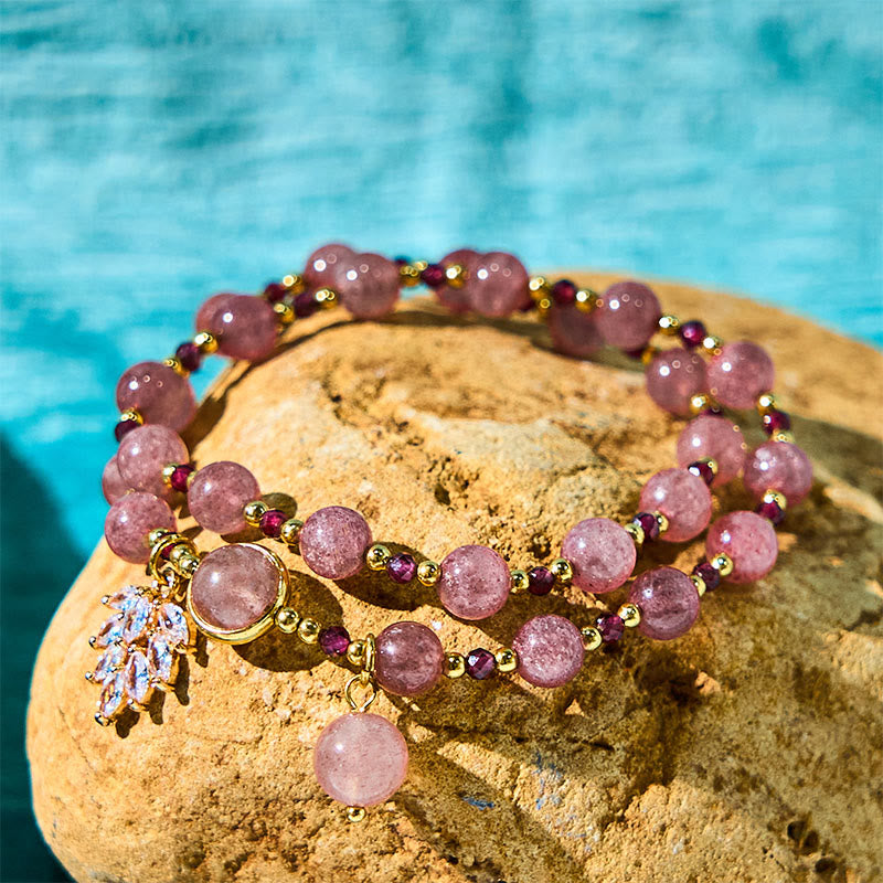 Foviel Natural Strawberry Quartz Love Healing Maple Leaf Charm Double Wrap Bracelet