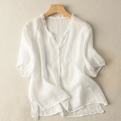 Buddha Stones Casual Embroidery Leaf Ungus Edge Wrinkle Women's V-neck Design Half Sleeve Cotton Shirt - Ivory - US12，UK/AU16，EU44 (3XL) - image 15