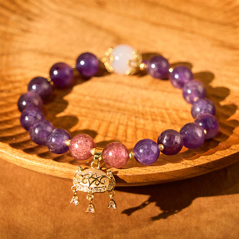 Foviel Natural Amethyst Strawberry Quartz Peace Lock Charm Positive Bracelet