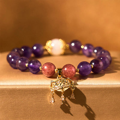 Foviel Natural Amethyst Strawberry Quartz Peace Lock Charm Positive Bracelet