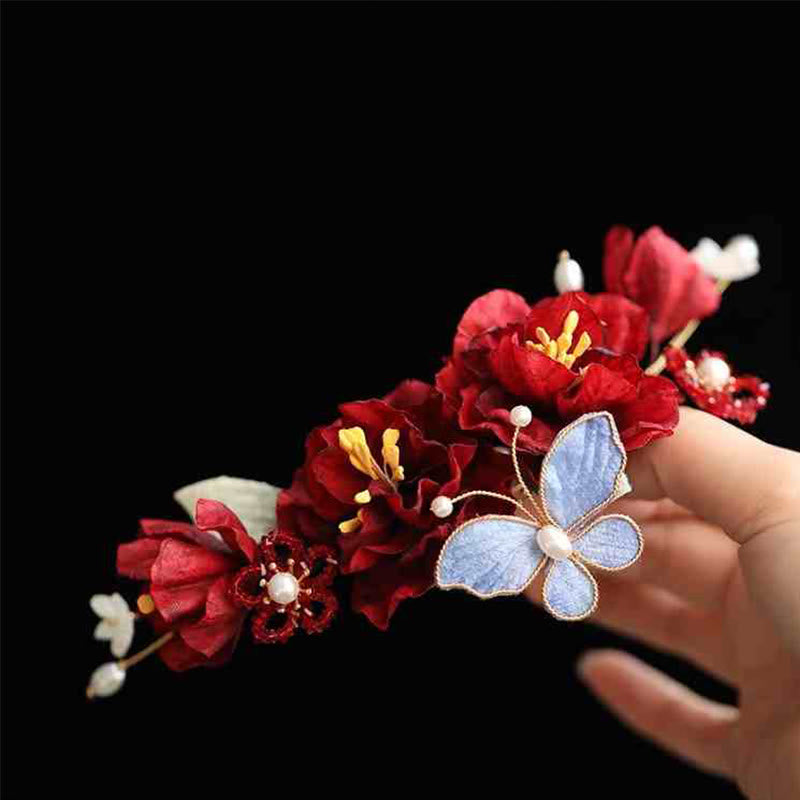 Pince à cheveux Foviel de mariage chinois avec fleur rouge et papillon