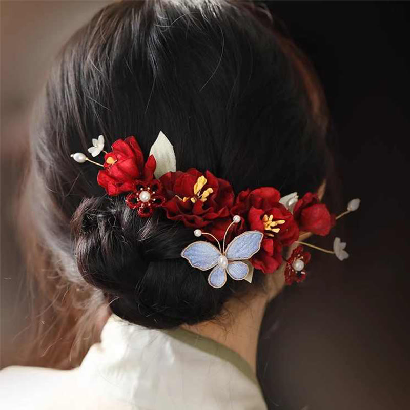 Pince à cheveux Foviel de mariage chinois avec fleur rouge et papillon