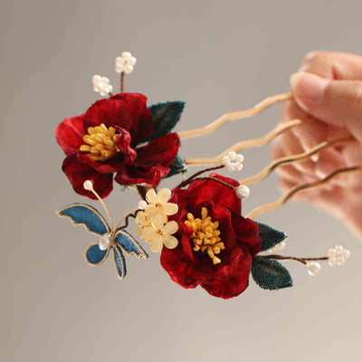 Foviel chinesischer Stil rote Kamelie Schmetterling Haar Clip Hair Comb Haarnadel Barritte Zubehör