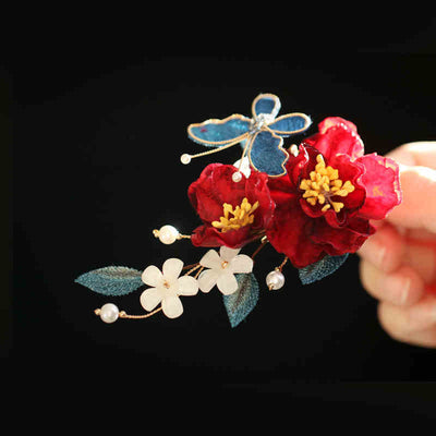 Foviel chinesischer Stil rote Kamelie Schmetterling Haar Clip Hair Comb Haarnadel Barritte Zubehör