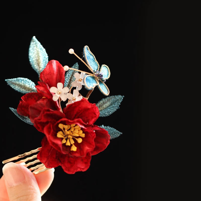 Foviel chinesischer Stil rote Kamelie Schmetterling Haar Clip Hair Comb Haarnadel Barritte Zubehör