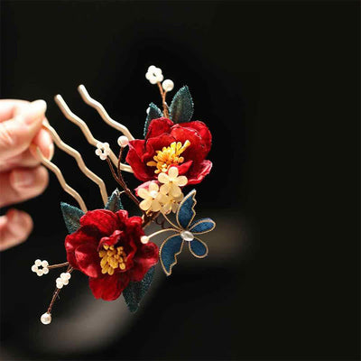 Foviel chinesischer Stil rote Kamelie Schmetterling Haar Clip Hair Comb Haarnadel Barritte Zubehör