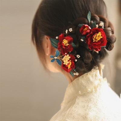 Foviel chinesischer Stil rote Kamelie Schmetterling Haar Clip Hair Comb Haarnadel Barritte Zubehör