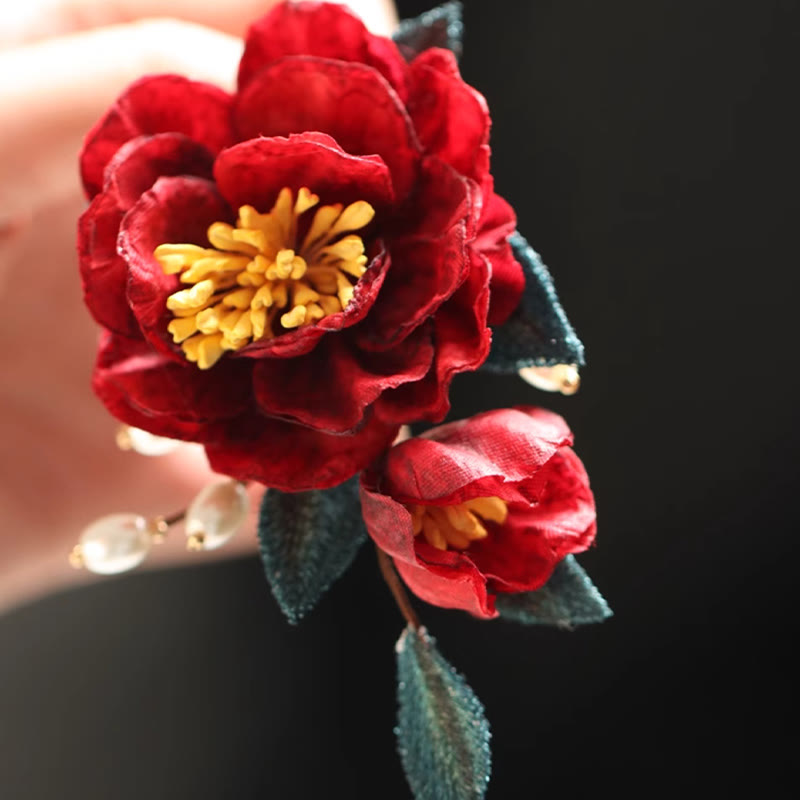 Foviel chinesischer Stil rote Kamelie Schmetterling Haar Clip Hair Comb Haarnadel Barritte Zubehör