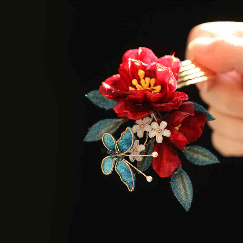 Foviel chinesischer Stil rote Kamelie Schmetterling Haar Clip Hair Comb Haarnadel Barritte Zubehör