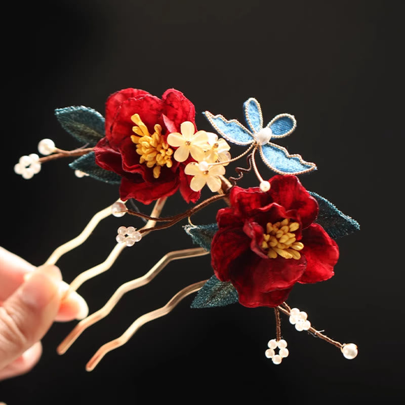 Foviel chinesischer Stil rote Kamelie Schmetterling Haar Clip Hair Comb Haarnadel Barritte Zubehör